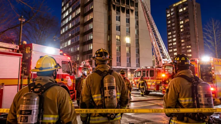 Early‑morning Toronto high‑rise fire injures four, family displaced; e‑bike batteries found
