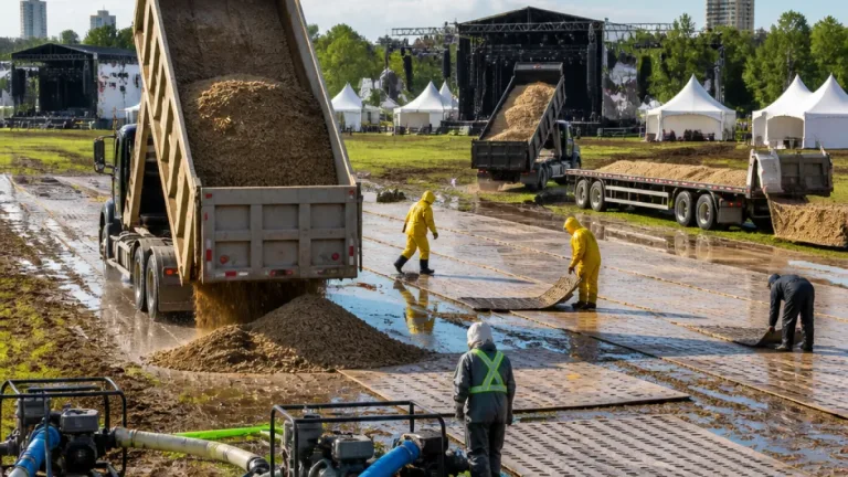 Edmonton Folk Festival trucks sand, pumps water as record summer rain soaks site